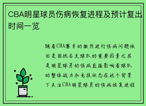 CBA明星球员伤病恢复进程及预计复出时间一览