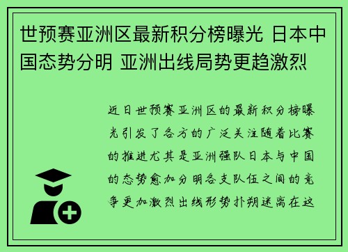 世预赛亚洲区最新积分榜曝光 日本中国态势分明 亚洲出线局势更趋激烈